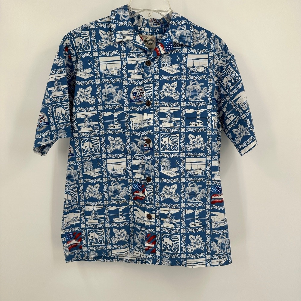 Hilo Hattie Mens Pearl Harbor 75th Anniversary Hawaiian Shirt Size S Made in USA